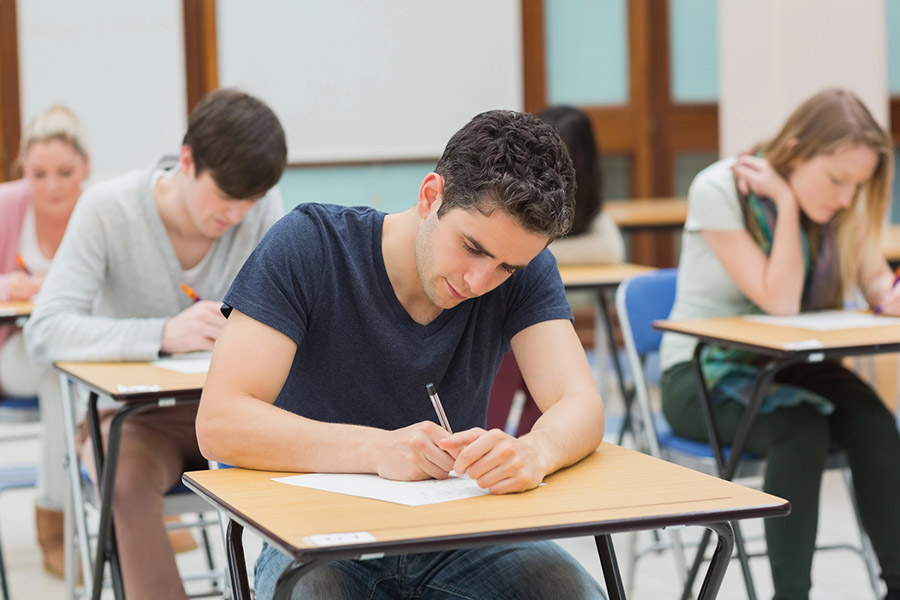 Students taking a test in a classroom in San Fernando